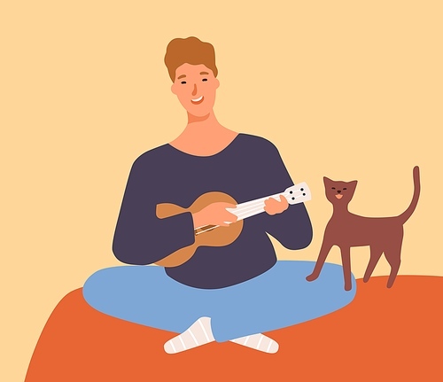 Joyful guy playing on ukulele and singing having fun with cat vector flat illustration. Male musician holding small guitar and singing isolated. Funny man play on musical instrument sit at home.