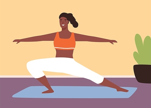 Adorable black skin woman practicing fitness on mat vector flat illustration. Athletic yoga girl demonstrate sports exercise at gym or home interior. Smiling sportswoman enjoying healthy lifestyle.