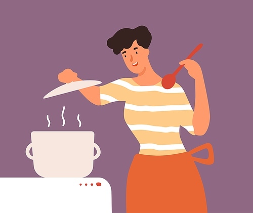 Happy housewife open lid of pan during cooking food vector flat illustration. Smiling young woman in apron holding spoon preparing meal on stove isolated. Joyful domestic female at kitchen.