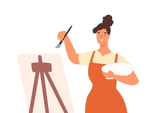 Happy artistic female in apron drawing picture use paint vector flat illustration. Smiling woman professional painter stand in front of easel isolated on white. Girl enjoy art painting at workshop.