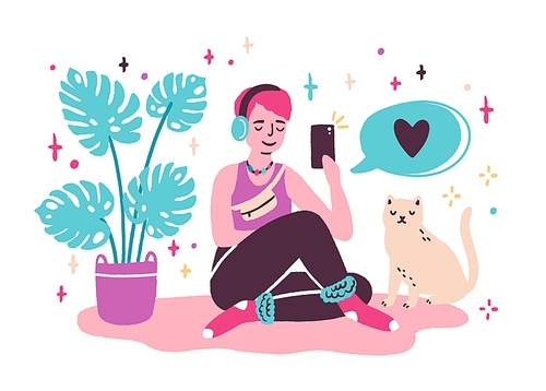 young woman viogger sitting on the floor and taking selfie at home. girl creating new content for blog, making new post in social media. vector illustration in flat cartoon style.