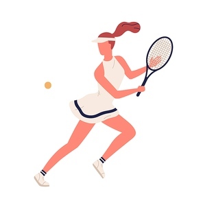 Colorful sportswoman big tennis player demonstrate smash vector flat illustration. Professional sports female holding racket and hitting ball isolated on white. Girl character in sportswear.