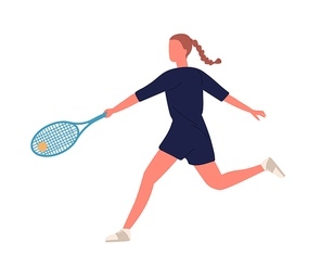 Professional female big tennis player hitting ball holding racket vector flat illustration. Active woman in sportswear demonstrate receive backhand position isolated on white. Sportswoman at match.