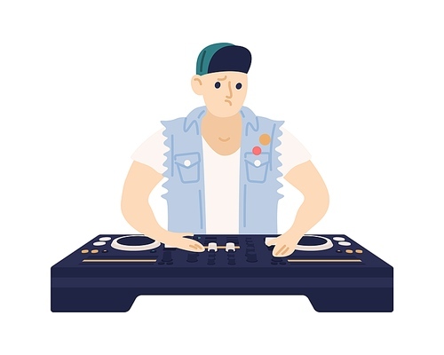 Stylish male DJ with confused face expression vector flat illustration. Trendy guy playing electronic music records at audio mixer isolated on white. Colorful fashionable disc jockey at party.