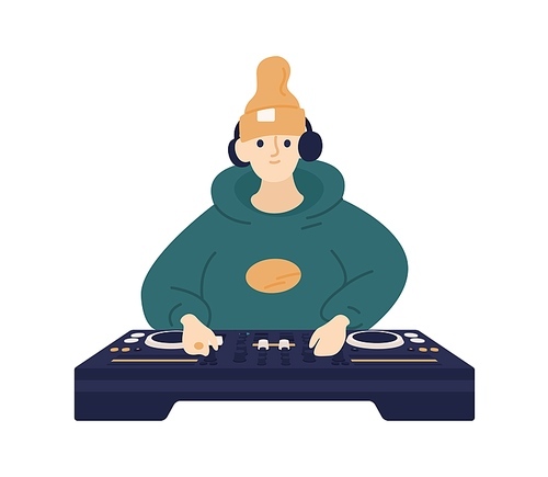 Hipster male disc jockey in hat and headphones mixing music on controller vector flat illustration. Smiling cute DJ playing electronic sound on console isolated on white. Funny stylish guy at party.