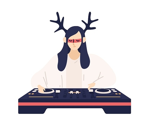 Fashionable female DJ in funny deer horns and glasses playing electronic music records vector flat illustration. Stylish girl disk jockey use audio mixer isolated on white. Trendy woman at nightclub.