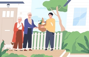 Young man giving a bag of products to elderly couple. Shopping help and delivery service. Volunteer support seniors during coronavirus outbreak. Vector illustration in flat cartoon style.