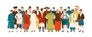 Group of diverse smiling man wearing in folk costumes of various countries vector flat illustration. Happy multinational male people standing in ethnic clothing isolated on white background.