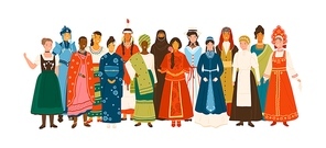 Smiling diverse female in national ethnic clothes vector flat illustration. Multinational group of happy woman in traditional folk apparel standing together isolated on white background.