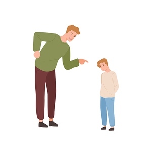 Mad father scolding little son vector flat illustration. Annoyed parent screaming to guilty child pointing finger isolated on white . Relationship at family, punishment and disobedience.