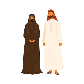 Smiling arabic couple in traditional apparel standing together vector flat illustration. Friendly muslim man and woman wearing national clothes isolated on white. Islamic people in hijab outfit.