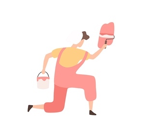 Enthusiastic painter guy holding paint roller and bucket vector flat illustration. Creative male in overalls and hat depict colorful image on wall standing on knee isolated on white.