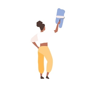 black skin female professional painter painting on wall holding paint roller vector flat illustration. back view creative woman decorator writing advertising text isolated on .