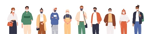 Different people wearing face masks isolated on white . Man and women in respirators. Protection from coronavirus outbreak, pandemic prevention. Vector illustration in flat cartoon style.