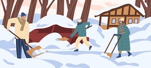 Group of colorful people remove snow at yard vector flat illustration. Active man and woman work outdoors together holding shovel. Person cleaning snowdrifts at backyard area after blizzard.