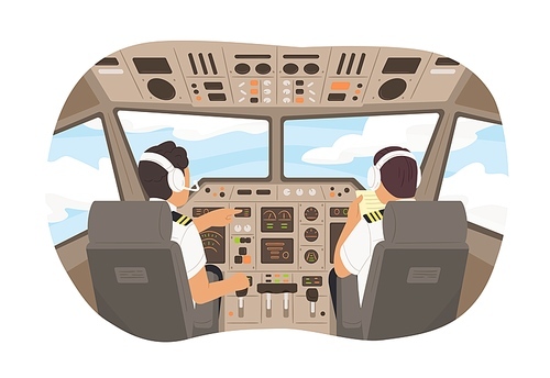 Cartoon male pilot cockpit plane with control board vector graphic illustration. Back view airplane captain command of aircraft. Two aviation crew worker at cabin during flight in sky.
