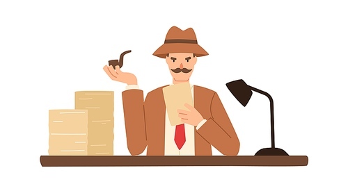 Detective solving crime sitting at desk with stack of document vector flat illustration. Male inspector with mustache and smoking pipe work at night isolated on white. Man find evidence in paper.