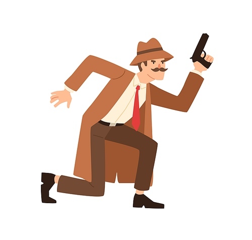Male private detective with mustache holding gun vector flat illustration. Spy man in hat and coat during pursuit of criminal isolated on white. Sneaking agent with handgun following to offender.