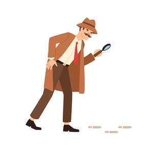 Private detective going on trace look through magnifying glass vector flat illustration. Inspector in coat, hat and mustache hold magnifier watch on mystery footprint isolated on white background.