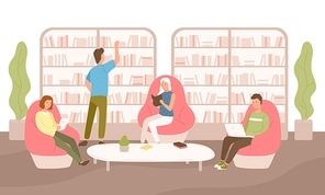 People sit on comfy armchairs with book, tablet and laptop vector flat illustration. Man and woman reading and working at public library isolated on white . Shelves and racks with books.
