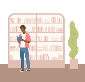 Male black skin holding book near bookcase at public library vector flat illustration. Colorful guy reading textbook surrounded by bookshelves isolated on white . Student search literature.