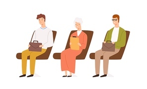 Queue of man and woman candidates with resume vector flat illustration. Smiling applicants with briefcase and document case sit on armchair isolated on white. People at line waiting job interview.