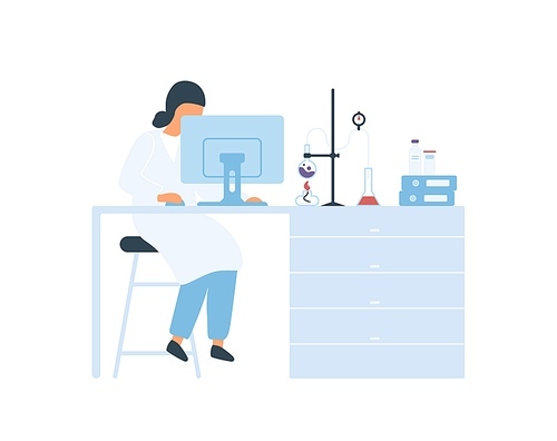 Focused female scientist sitting at desk working on computer vector flat illustration. Woman in white coat at science laboratory isolated on white . Scientific research and analyzing.