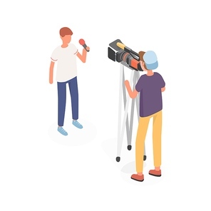 Male journalist hold microphone in front of video camera vector isometric illustration. Man operator recording interview or tv show use professional equipment isolated on white. Reportage production.