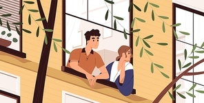 Man and woman looking out the window, breathing fresh air, thinking and contemplating. People stay at home during quarantine and enjoying good spring weather. Vector illustration in flat cartoon style