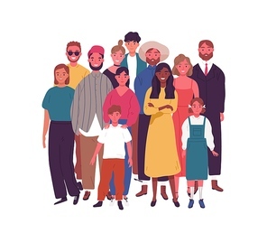 Crowd of smiling diverse people standing together vector flat illustration. Group of multiethnic joyful man, woman and children isolated on white. Happy old and young characters. Social diversity.