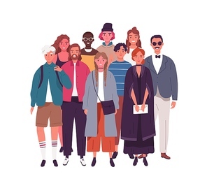 Group of smiling young multinational man and woman vector flat illustration. Crowd of happy diverse people standing together isolated on white. Modern multicultural society or population.