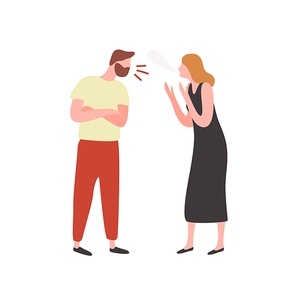 Bearded irritated guy and angry woman scream each other vector flat illustration. Conflict between couple isolated on white background. Quarrel of shouting male and female characters.