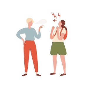 Quarrel between teenager girl and guy vector flat illustration. Young annoyed people insult each other, arguing and shouting isolated on white. Irritated characters having conflict and disagreement.