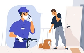 Safe shipping, contactless delivery concept. Man receiving order or groceries during quarantine. Deliveryman in medical mask and gloves call the customer. Vector illustration in flat cartoon style.