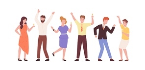 Set of cartoon stylish young people having fun vector flat illustration. Collection of colorful colleagues dancing and drinking champagne isolated on white background. Trendy office workers at party.