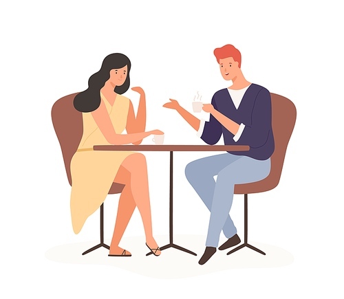 Cartoon couple enjoy romantic date drink coffee together vector flat illustration. Happy man and woman sitting at table and communicate in cafe isolated on white. Joyful male and female feeling love.