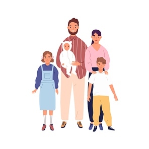 Smiling big family portrait vector flat illustration. Happy mother, father and three children standing isolated on white . Parents, son, daughter and baby together.