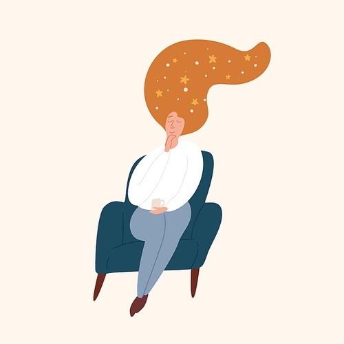 Relaxed girl with starry sky in red hair sitting with closed eyes vector flat illustration. Dreaming domestic woman resting in armchair with cup of hot beverage isolated on white .