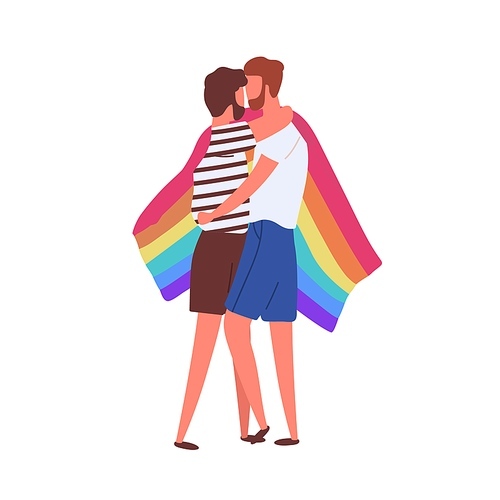 Homosexual cartoon male couple hugging covering rainbow flag vector flat illustration. Two bearded boyfriends kissing enjoying relationship isolated on white. Lgbt people demonstrate freedom love.