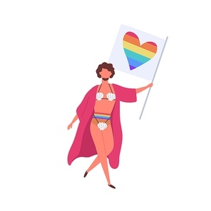 Cartoon homosexual bearded man in bikini carrying lgbt rainbow flag vector flat illustration. Colorful transgender male activist in funny costume at gay parade isolated on white.