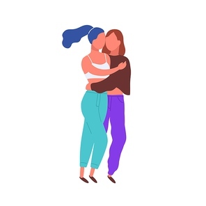 Cartoon lesbian enamored girl hugging feeling love vector flat illustration. Colorful same sex couple standing together enjoying romantic relationship isolated on white .