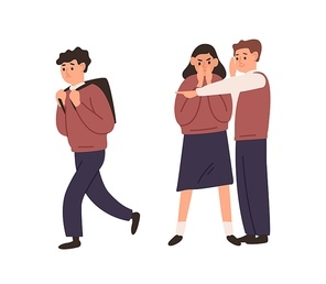 Students gossiping about another one and pointing on him. Angry children abuse classmate. School bullying, harassment. Depressed boy suffering from aggression. Vector illustration in flat carton style