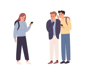 Two angry student guy spreading rumors and gossiping about girl classmate vector flat illustration. Female holding mobile feeling cyberbullying isolated on white. School bullying and harassment.