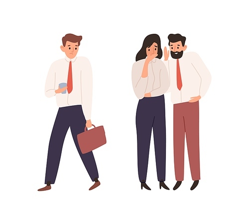 Cartoon man and woman office worker gossiping about colleague vector flat illustration. Male and female talking and whispering together isolated on white. Business people spreading rumors at work.