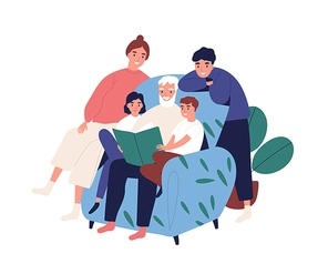 Grandfather and relatives reading book sitting on armchair vector flat illustration. Big happy family spending time together isolated on white. Old man with children and grandchildren relax at home