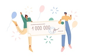 Joyful man and woman holding bank check for million vector flat illustration. Happy couple winner of grant or lottery gain surrounded by air balloon and firework isolated on white background.