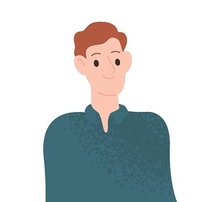Portrait of smiling young casual man vector flat illustration. Happy guy demonstrate positive emotions isolated on white background. Colorful cheerful male with joyful face expression.