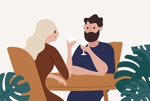 Happy couple drinking cocktails at bar vector flat illustration. Smiling man and woman enjoying meeting surrounded by tropical plants isolated on white. People with alcohol at cafe.