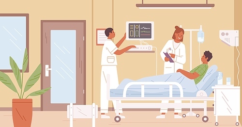 Female doctor and nurse visit male patient in intensive therapy room at hospital vector flat illustration. Cartoon medical personnel working at clinic interior. Sick man with dropper lying on bed.