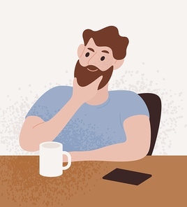 Pensive bearded guy sitting at table with thoughtful face expression vector flat illustration. Male portrait thinking solving problem or dreaming isolated on white. Man think about something.